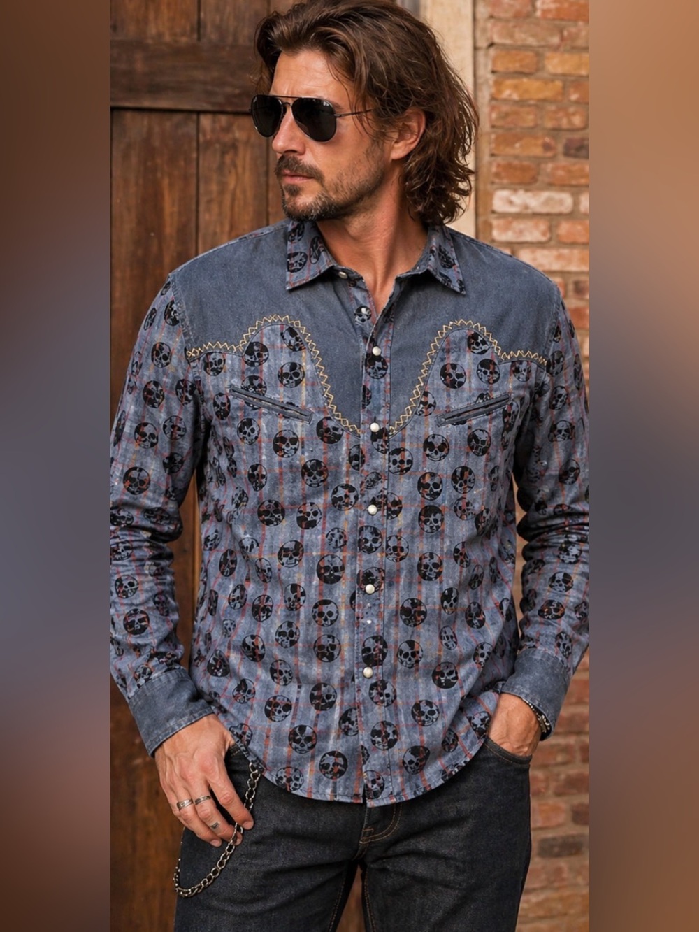 🔥 Rock Roll N Soul Skull Western Shirt XL NWT Blue Plaid Snap Button Rocker